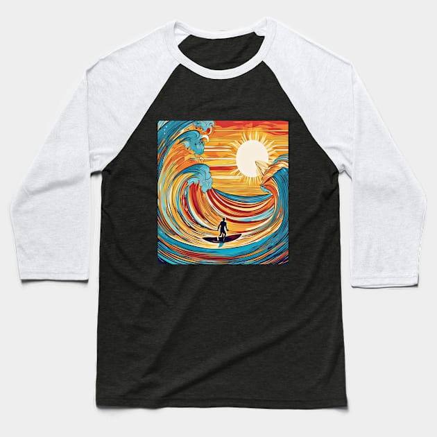 Surfer Riding the Waves in a Mesmerizing Sunlit Painting Baseball T-Shirt by Fadedstar